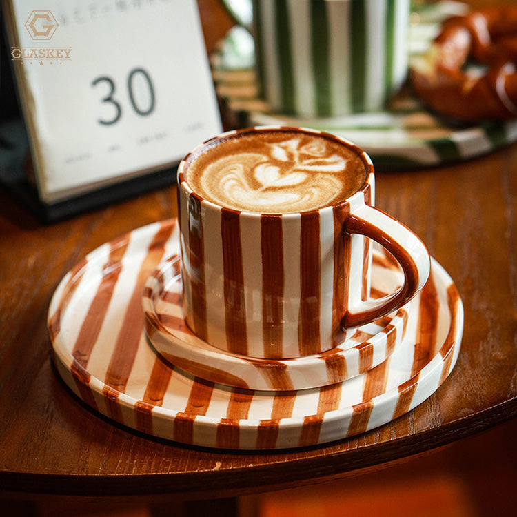 Retro Creative Striped Ceramic Coffee Cup Dishes Household Drinking Water Breakfast Afternoon Tea Cup And Saucer Set Wholesale