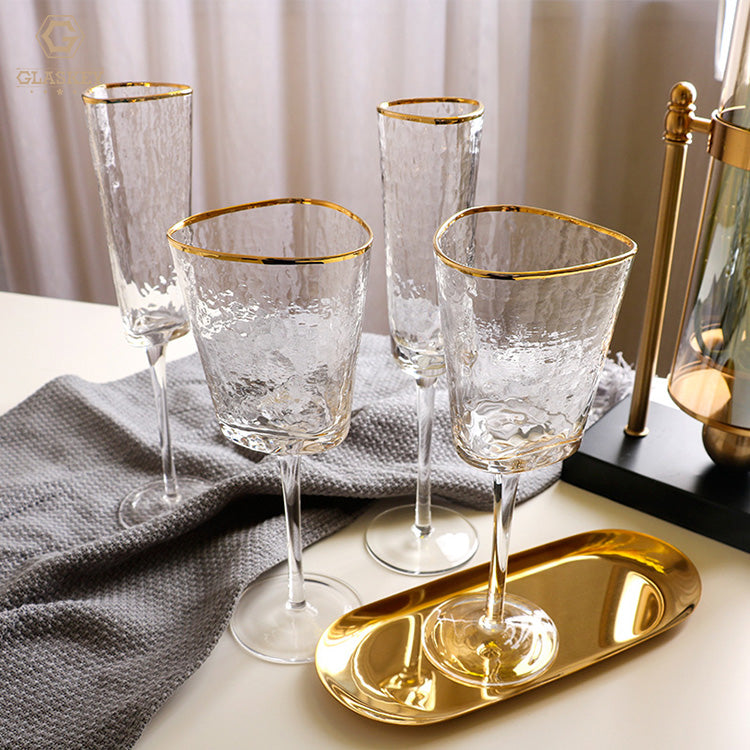 Creative Hammer Pattern Gold Rimmed Crystal Champagne Glass European Style Goblet Wine Glass Tall Red Wine Glass