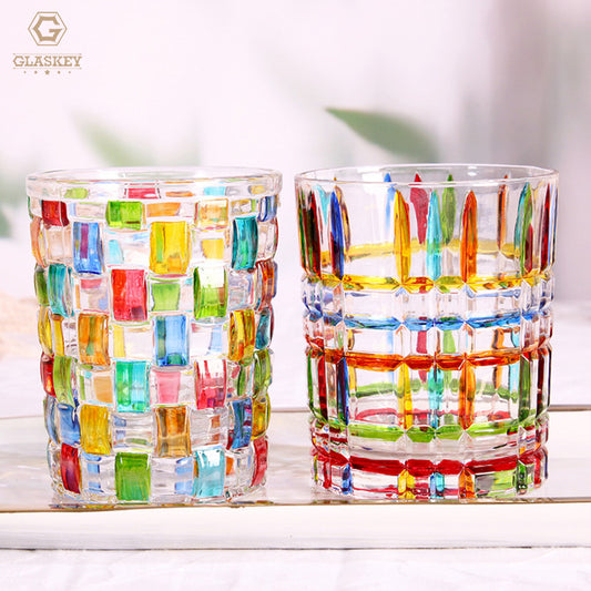 Hand-Painted Line Glass Water Cup Contrasting Color Stripes Weaving Crystal Whiskey Glass Beer Glass