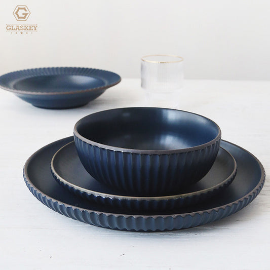 European Matte Color Kiln Glazed Ceramic Dish Set Creative 3D Striped Soup Bowl Rice Bowl Vintage Crockery Tableware