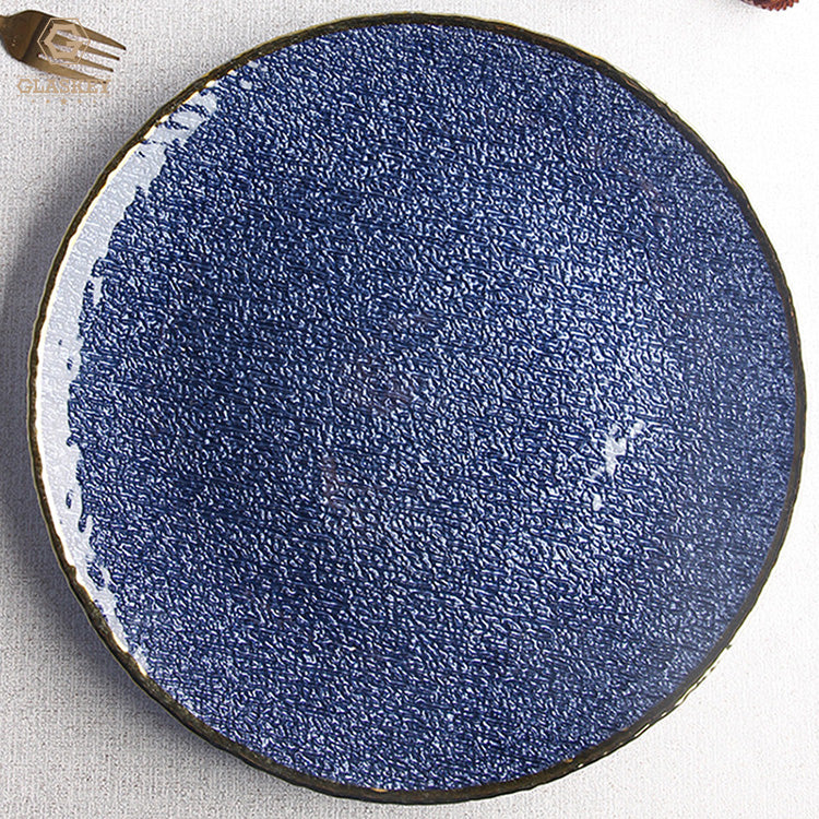 Modern Decorative Glass Plates Blue Glass Charger Plate With Silver Edge Crystal Dessert Plate