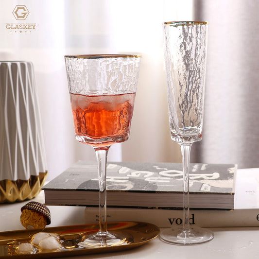 Creative Hammer Pattern Gold Rimmed Crystal Champagne Glass European Style Goblet Wine Glass Tall Red Wine Glass