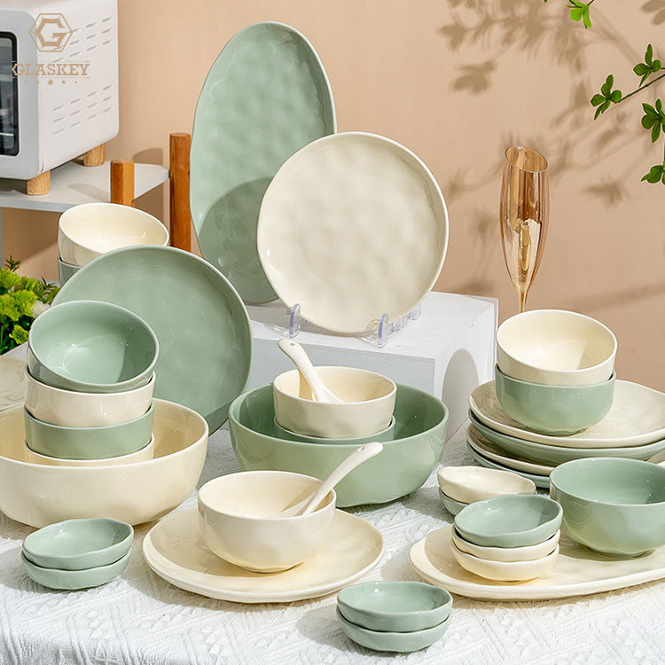 Restaurant Home Used Ceramic Tableware Creamy Yellow Mint Green Dinnerware Fruit Salad Bowl Dish Set