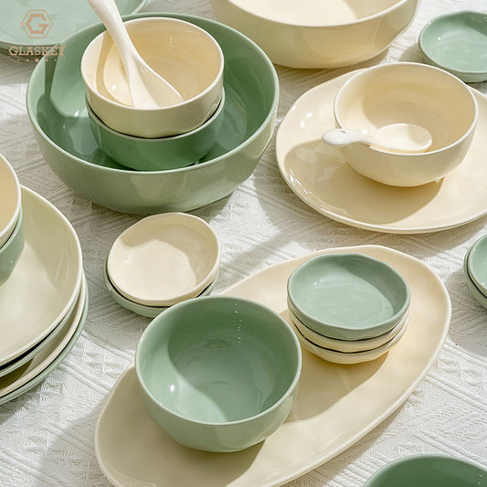 Restaurant Home Used Ceramic Tableware Creamy Yellow Mint Green Dinnerware Fruit Salad Bowl Dish Set