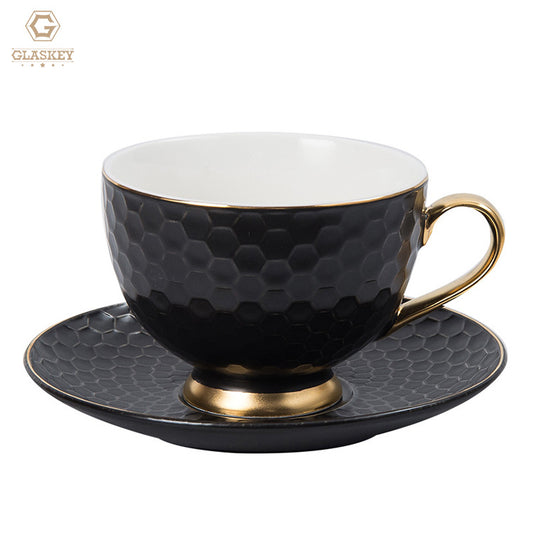 Modern Simple Matte Black/White Honeycomb Coffee Cup And Saucer European Ceramic Gold Edge Embossed Afternoon Flower Tea Set