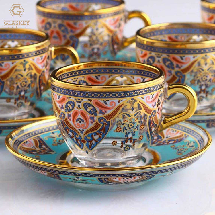 Arabic Geometric Pattern Tracing Gold Plated With Handle Tea Set Black Tea Cup Coffee Cup Set