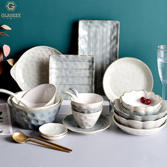 European-Style Striped Gold-Edged Under-glaze Ceramic Tableware Bowl And Plate Set Dinnerware Sets