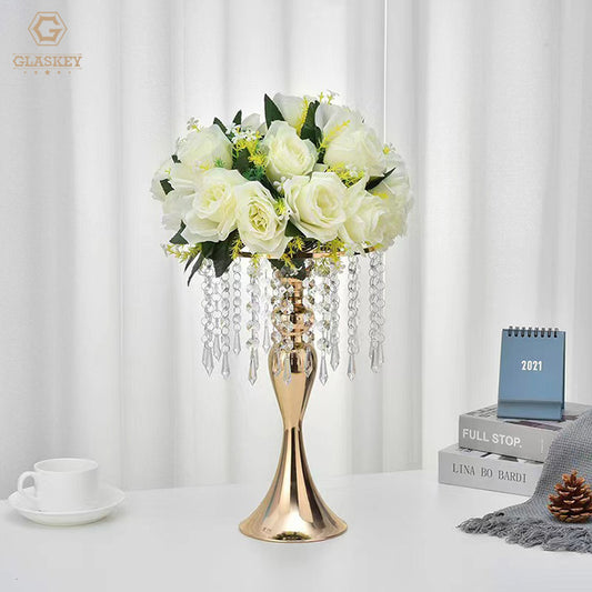 Modern Gold And Silver Iron Art Wedding Flower Bracket Table Romantic Candlestick Mermaid Bead Curtain Flower Holder