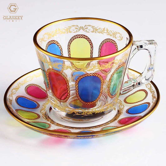 Arabic Geometric Pattern Tracing Gold Plated With Handle Tea Set Black Tea Cup Coffee Cup Set