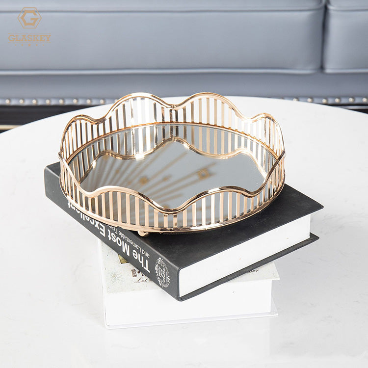 Nordic Style Mirror Glass Plate Gold-Plated Metal Tray Home Living Room Round Square Lace Plate Decorative Fruit Plate