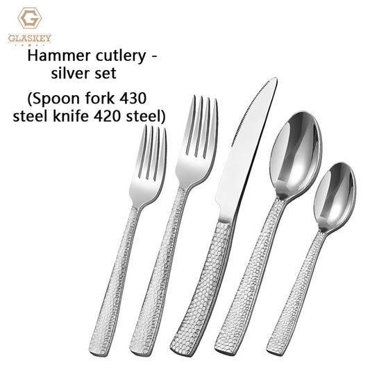 High Quality 430 Stainless Steel Cutlery Set Thickened Hammer Pattern Steak Knife And Fork Set Restaurant Hotel Flatware Set