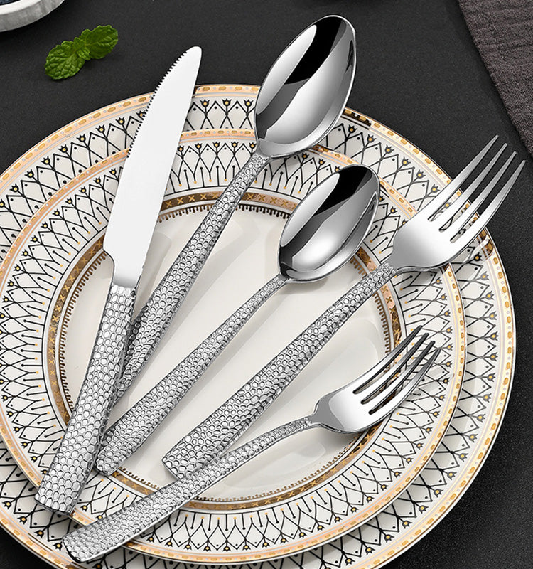 High Quality 430 Stainless Steel Cutlery Set Thickened Hammer Pattern Steak Knife And Fork Set Restaurant Hotel Flatware Set