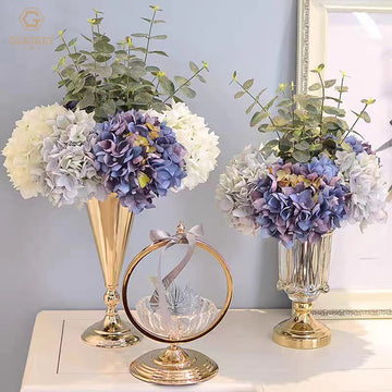 European-Style Wrought Iron High-End Vase Set Home Living Room Flower Arrangement Decoration Glass Vase