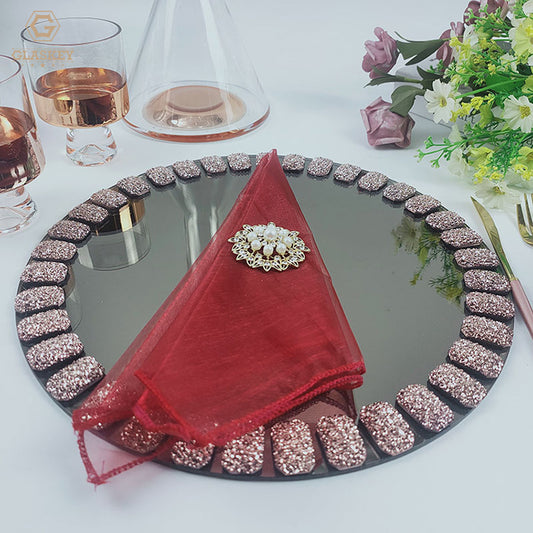 Wedding Glass Plate 33cm Rose Gold Copper Color Mirror Glass Plate Acrylic Diamond Bonded Glass Tray