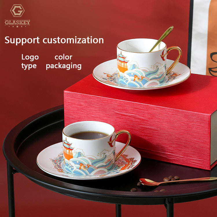 New Chinese Ceramic Coffee Cup And Saucer Gift Box Set Household Ceramic Water Cup Dessert Dish Set