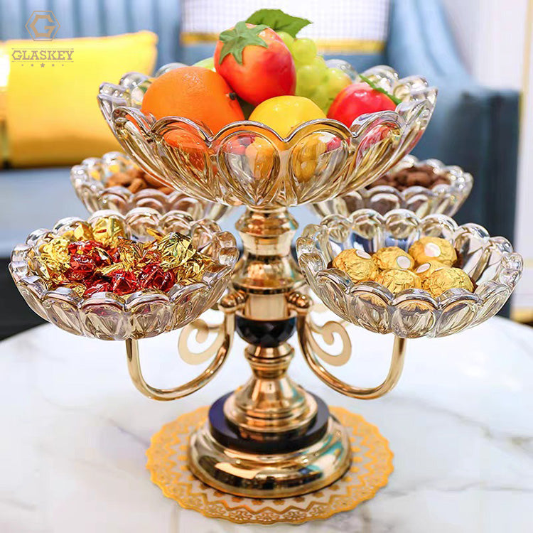 Large 5 Compartment Crystal Fruit Plate Rotating Crystal Glass Multi-Layer Snack Dried Fruit Plate With Alloy Base