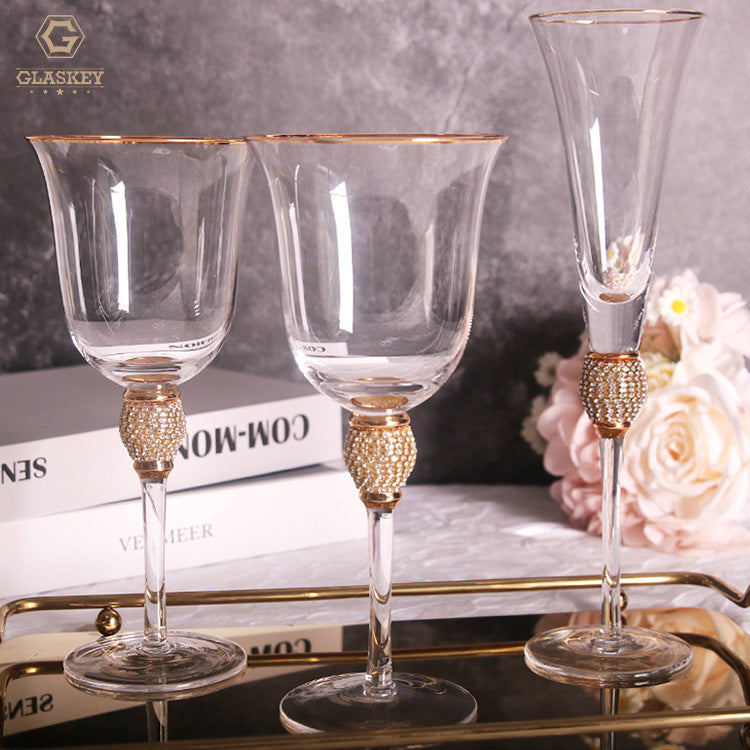 European Gold Rim Long Stem Diamond Studded Toast Wine Glass Champagne Flutes Drinking Cocktail Glasses