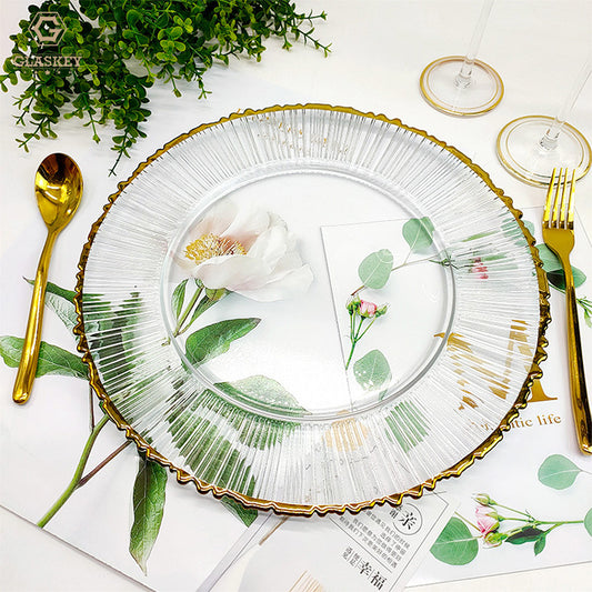 Irregular Gold Rim Glass Plate Hotel Glass Dinner Plate European Style Electroplated Gold Edge Round Western Food Plate