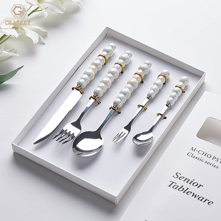 Ceramic Pearl Handle Knife Fork Spoon Set With Gift Box Exquisite 410 Stainless Steel Cutlery Flatware Set