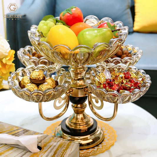 Large 5 Compartment Crystal Fruit Plate Rotating Crystal Glass Multi-Layer Snack Dried Fruit Plate With Alloy Base