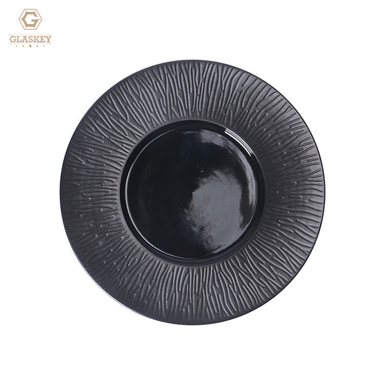 Black Matte Glazed Dinner Plate Embossed Striped Round Charger Plate Hotel Ceramic Plate