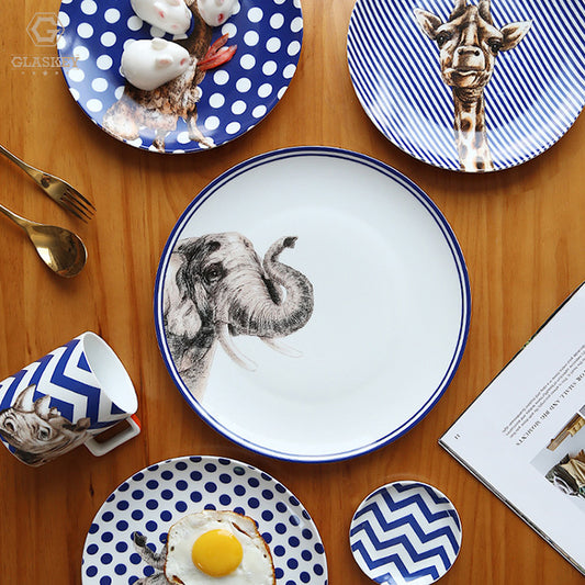 American Animal Pattern Tableware 8 Inch Ceramic Plates 4 Pcs Dinnerware Plates Set For Hotel