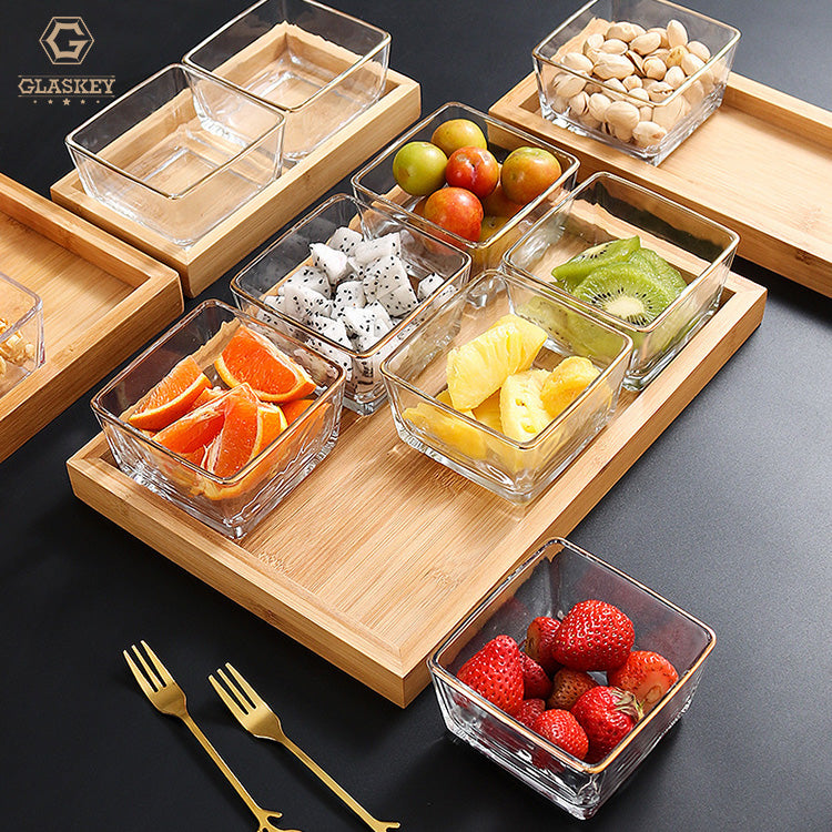 Transparent Square Dish Glass Household Fruit Snacks With Wood Tray Divided Plate Dried Fruit Platter