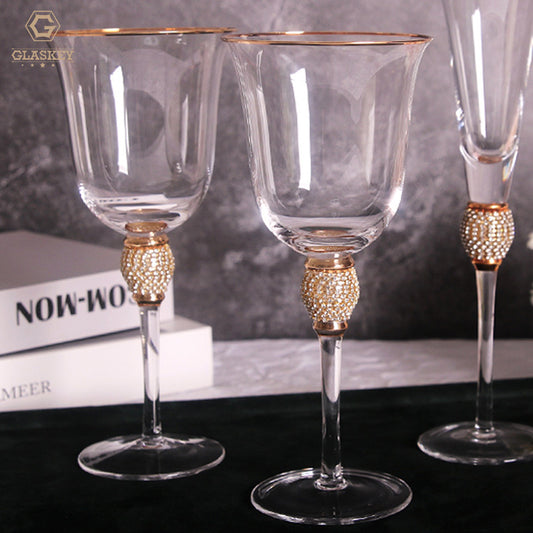 European Gold Rim Long Stem Diamond Studded Toast Wine Glass Champagne Flutes Drinking Cocktail Glasses