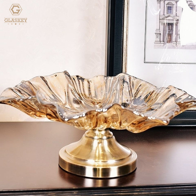 High-Grade Crystal Glass Fruit Plate With Copper Base Large New Year Candy Plate Home Living Room Luxury Fruit Plate