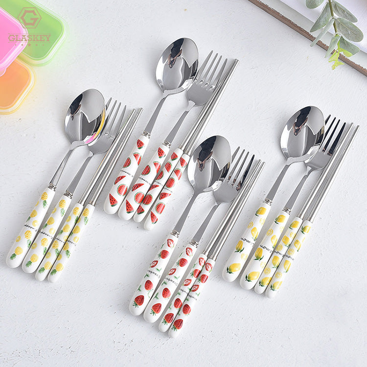 Portable Ceramic Handle 410 Stainless Steel Flatware Set Children Outdoor Travel Fork Spoon Chopsticks Cutlery Set