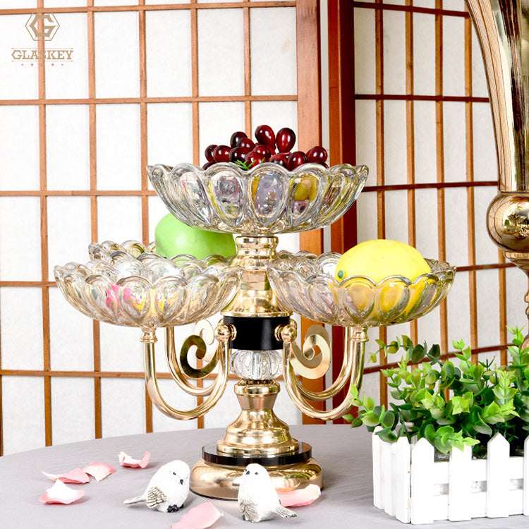 High-End Home Living Room Coffee Table Crystal Glass Metal Plated Fruit Plate Black Gold Double-Layer Rotating Plate